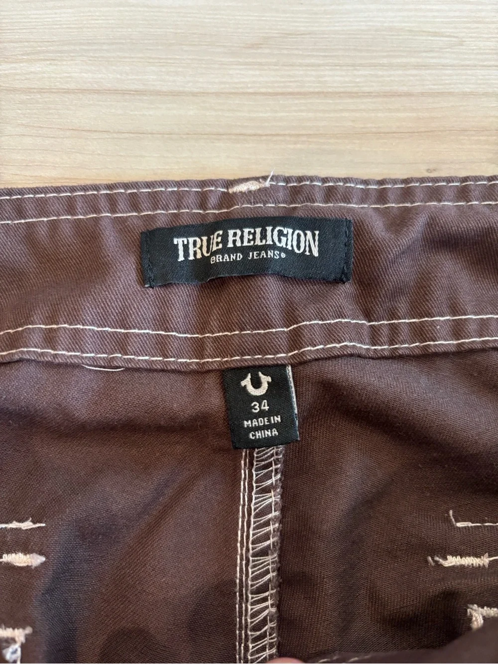True Religion Y2K baggy Brown Mens Cargo Pants with Signature Pocket Stitching